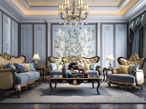  欧式古典客厅 沙发茶几 吊灯3d模型 