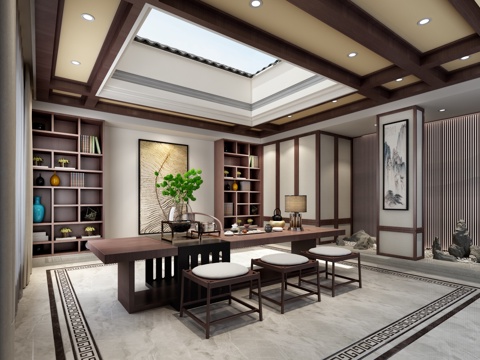  现代中式茶室休息室3d模型 