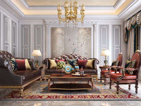  欧式古典客厅 沙发茶几 吊灯3d模型 