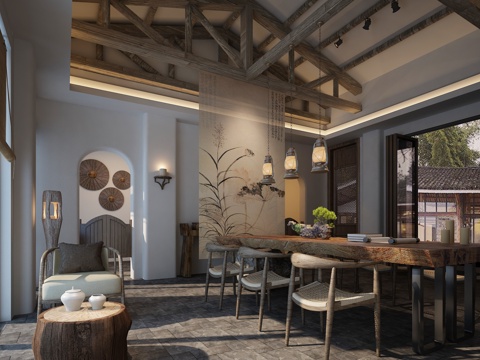  新中式禅意茶室会所空间3d模型 