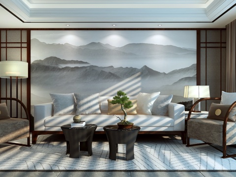  新中式现代客厅  吊灯  挂画 组合 沙发背景墙 沙发茶3d模型 