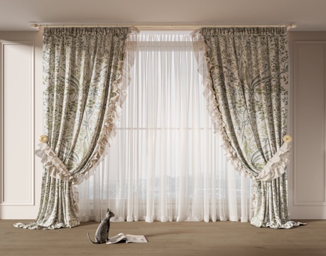  法式窗帘 复古 中古 碎花 纱帘 通用窗帘3d模型 