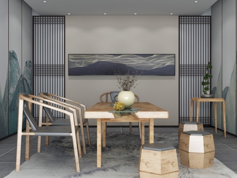  新中式茶室 座椅 鼓凳 茶具 干枝饰品 地毯 背景墙 盆3d模型 