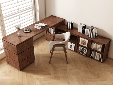  现代简约书桌椅 书桌  办公桌椅 摆件组合 书柜3d模型 