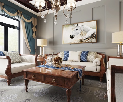  美式沙发组合 单人沙发 茶几 边几 吊灯 挂画 台灯 摆件3d模型 