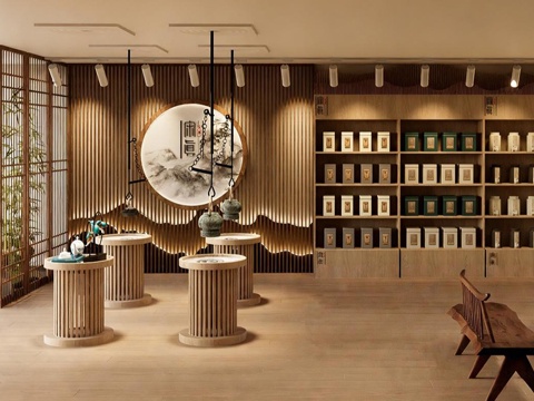 新中式茶馆 茶楼 茶桌椅组合 背景墙su模型su模型