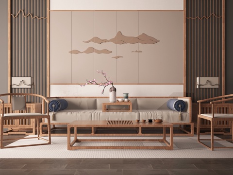  新中式沙发茶几屏风组合3D模型 三人沙发 新中式背景墙3d模型 