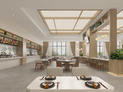  现代 餐厅 食堂 小吃城 餐桌椅 植物 吊灯 餐具 锅3d模型 