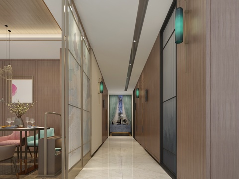  新中式茶餐厅走廊 餐桌椅 壁灯柜子 吊灯3d模型 
