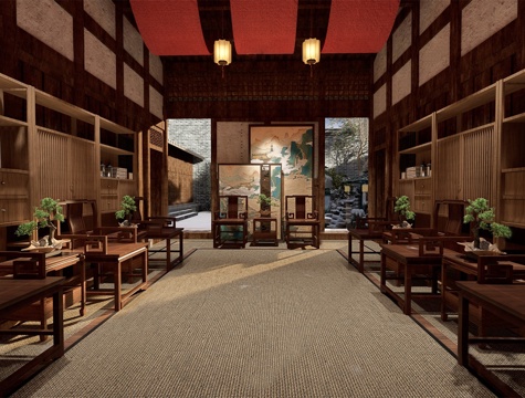 新中式中式茶馆 茶馆雅座 茶桌椅组合su模型