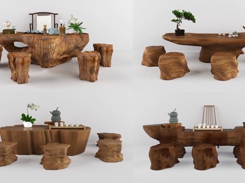  中式根雕茶台茶桌组合3d模型 