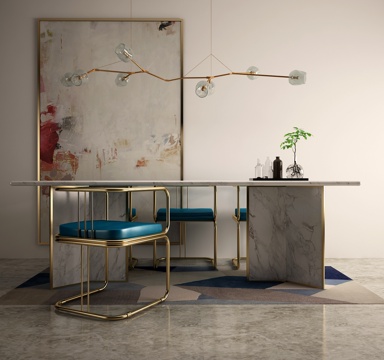  现代金属大理石餐桌椅 装饰画玻璃吊灯组合3d模型 