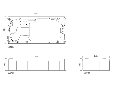 方形浴缸 长方形泡澡缸 矩形浴盆 长方形按摩浴缸 方形热水浴cad施工图