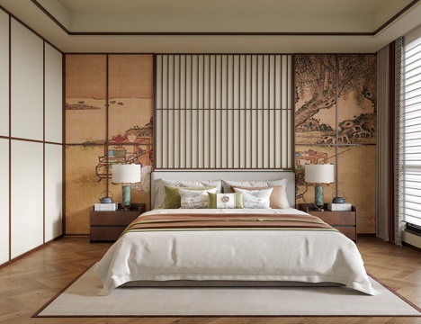  新中式卧室 双人床 床头柜3d模型 