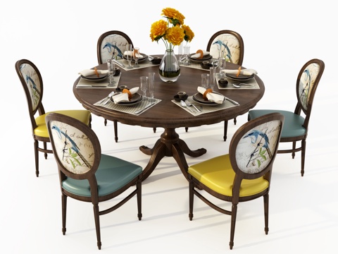  美式餐桌椅组合3d模型 