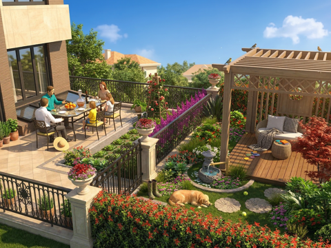 欧式庭院花园 廊架亭子 户外沙发桌椅 植物花卉 景观小品 菜su模型