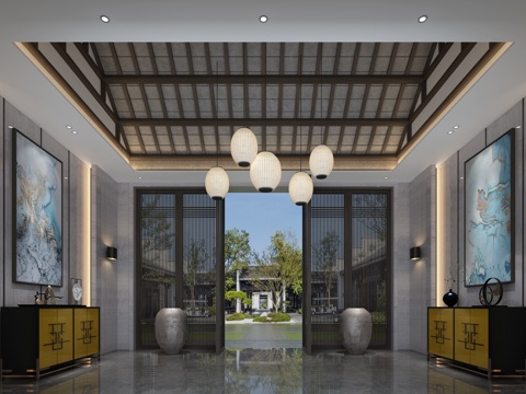  新中式酒店前厅 装饰柜 壁灯 吊灯3d模型 