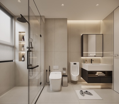  现代奶油卫生间 洗手台 镜子 马桶 毛巾架 淋浴3d模型 