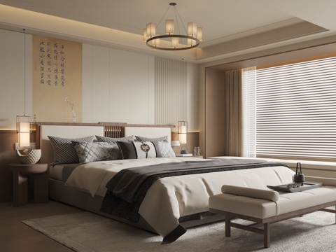  宋式风卧室 床具组合3d模型 