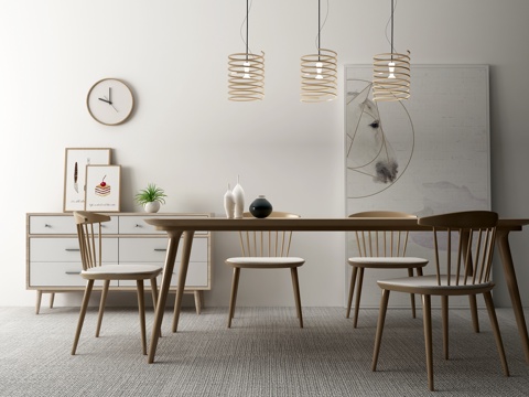  北欧实木餐桌椅边柜吊灯组合3d模型 