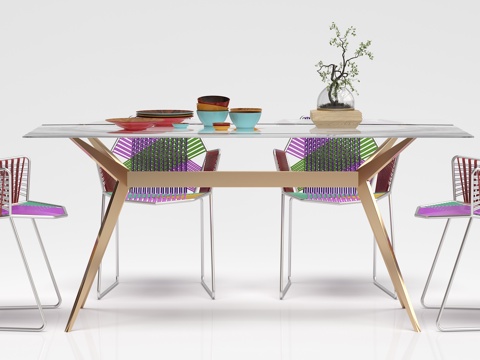  现代餐桌 椅子 摆件组合3d模型 