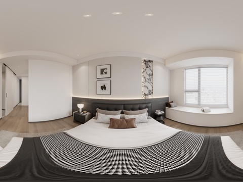 现代黑白灰卧室 双人床 吊灯 窗帘 衣柜