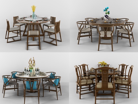  新中式圆形餐桌椅3d模型 