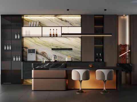  意式轻奢餐厅 开放式厨房 岛台餐厅3d模型 