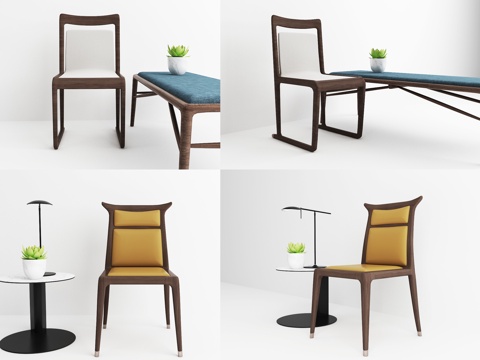  新中式餐椅 单椅椅 长凳 圆几3d模型 