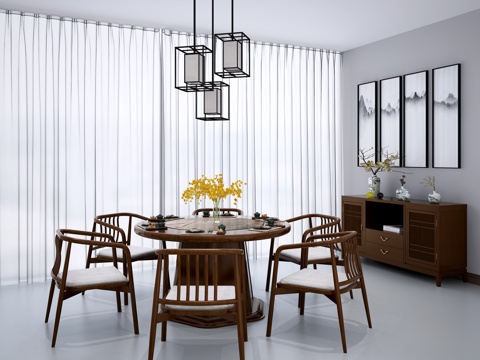  中式餐桌椅 中式实木餐桌椅 中式吊灯 中式边柜 中式矮柜3d模型 