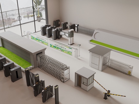  道闸栏杆 摆闸 岗亭 保安亭 伸缩门 门禁机 大门入口 人行3d模型 