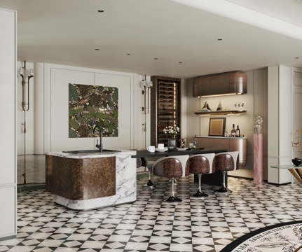  法式轻奢餐厅 岛台餐厅 岛台餐桌椅3d模型 