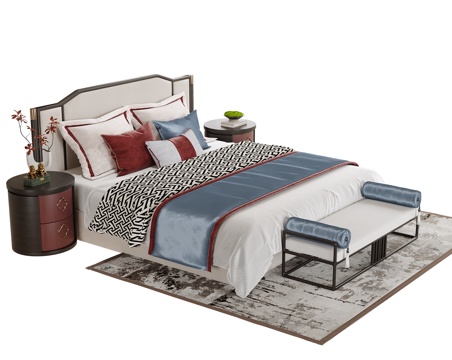 新中式双人床 床尾凳 床头柜su模型