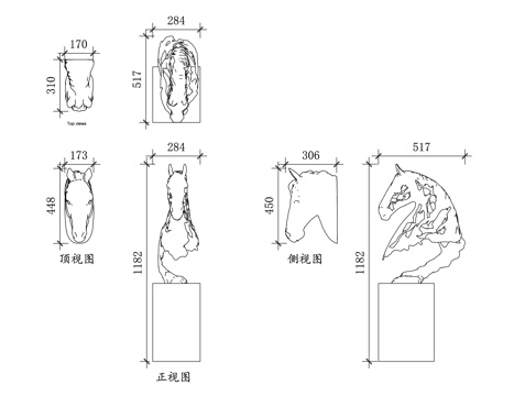  骏马雕塑 马头摆件 奔马雕像 生肖马雕塑 铜马雕塑cad施工图 