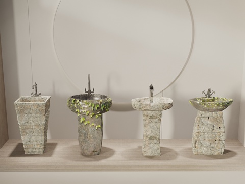  石槽洗手盆 石头洗手台盆 石材洗手盆 粗糙凿毛洗手台 立柱式3d模型 