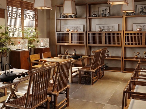 新中式中式茶馆 茶馆雅座 茶桌椅组合su模型