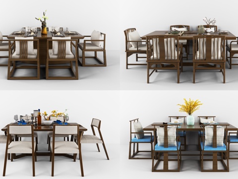  新中式方形餐桌椅3d模型 