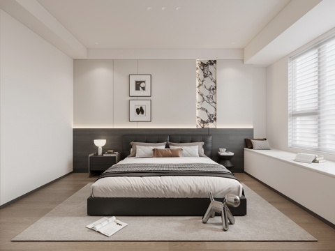  现代黑白灰卧室 双人床 吊灯 窗帘 衣柜3d模型 