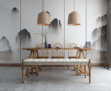  新中式餐桌椅 吊灯组合3d模型 