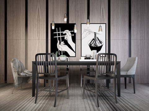  现代 餐桌椅 挂画 单椅 地毯 吊灯3d模型 