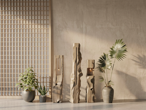 侘寂落地灯 侘寂中古风落地灯 民宿落地灯 旧木头 侘寂原木风su模型