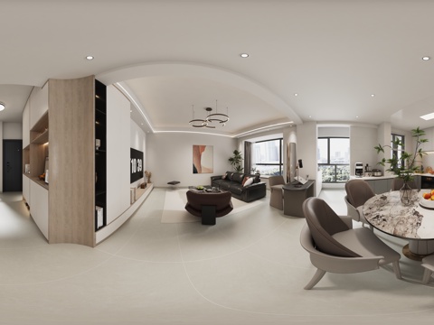 现代客餐厅 开放式厨房 入户 玄关 电视背景墙