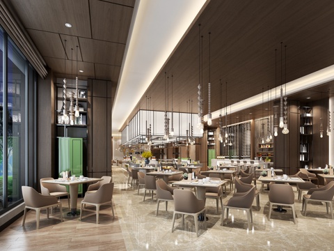  现代西餐厅 酒柜 岩石 吊灯 餐桌椅 餐具 西餐 自助3d模型 