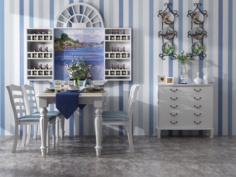  田园地中海餐座椅组合3d模型 