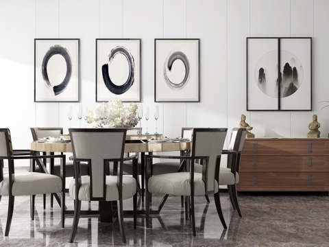  新中式餐桌椅组合 边柜 挂画3d模型 