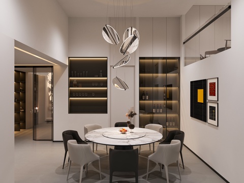  现代别墅圆桌餐厅3d模型 