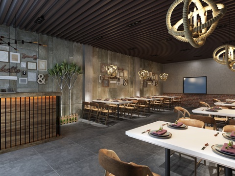  工业风快餐店 收银台 餐桌3d模型 