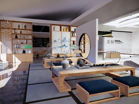 新中式茶馆 茶叶展厅 茶室 茶桌椅组合su模型