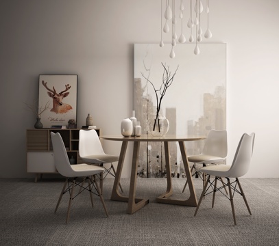  北欧实木圆形餐桌椅边柜吊灯组合3d模型 