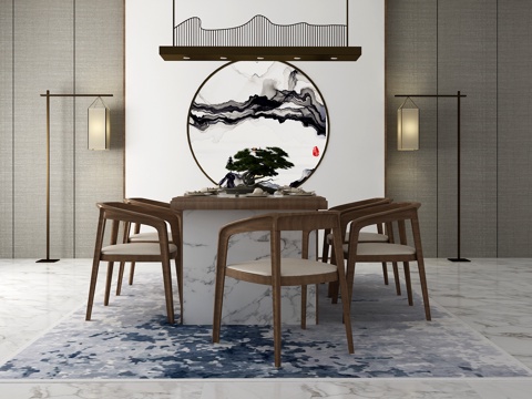  新中式餐桌椅灯具摆件组合3d模型 